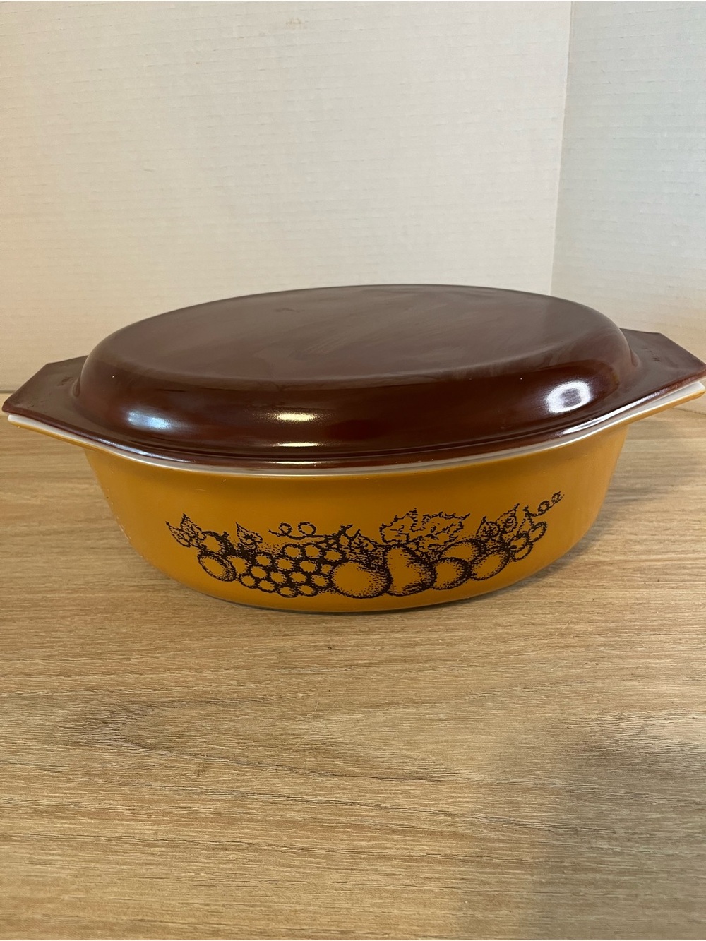 Vintage Pyrex Yellow and Brown Covered Casserole Dish with Fruit Motif